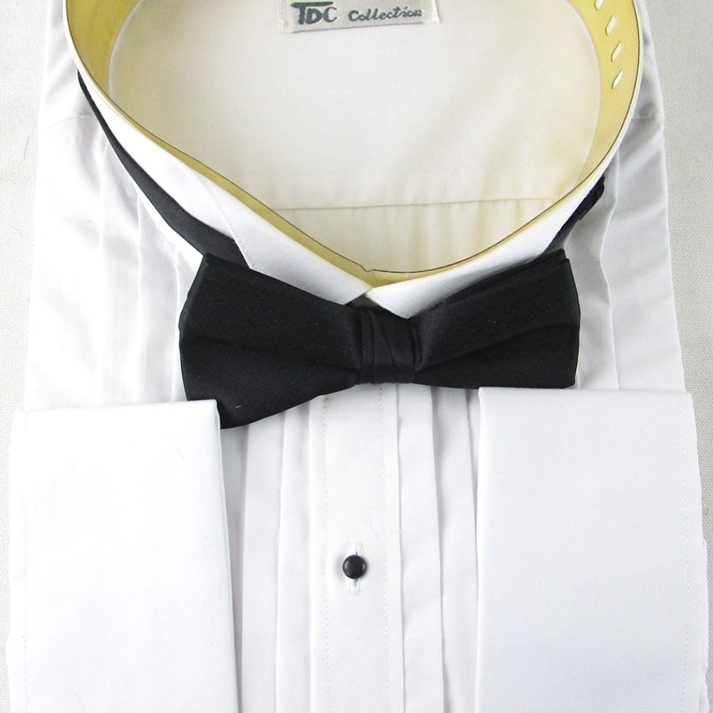NEW TDC Men's Wing Collar Tuxedo Shirt + Bow Tie, French Cuffs, 20-20.5 (36/37)